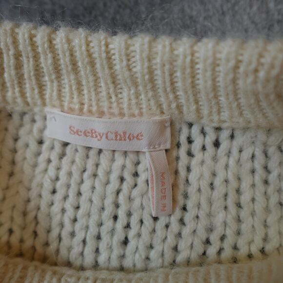 See by Chloe Sweater Womens Medium Alpaca Knit Crew Neck Balloon Sleeve Ivory - Picture 2 of 10